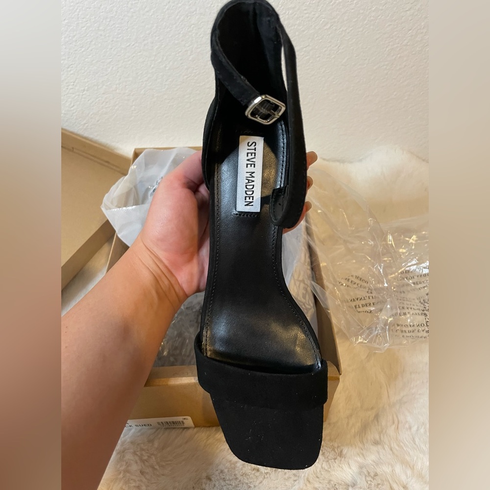 Black suede Steve Madden heels. Brand New in box!